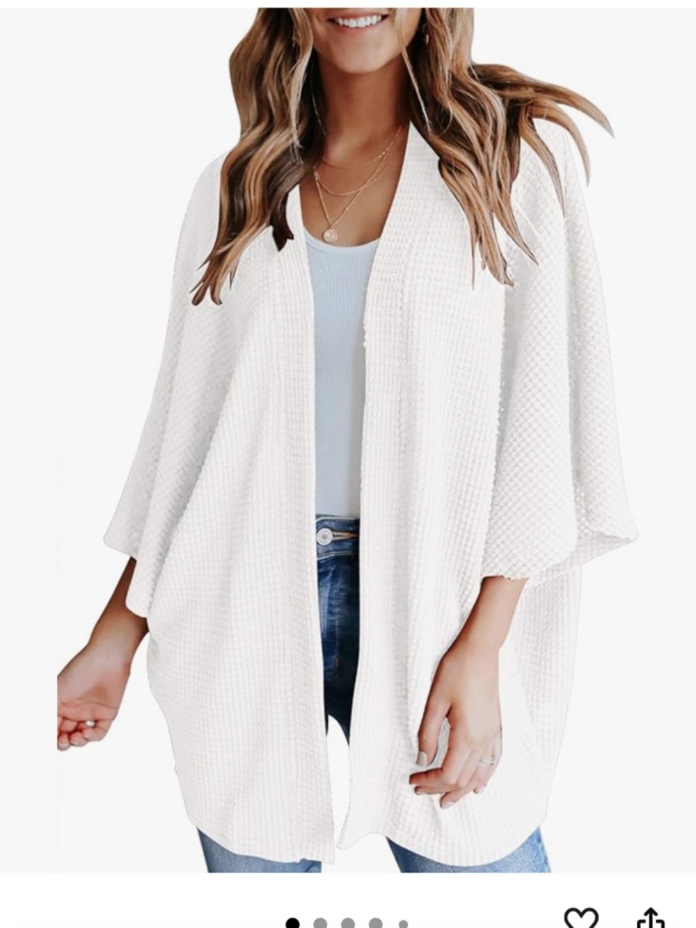 Women's Kimono Cardigans Loose Waffle Knit 3/4 Batwing Sleeve, White, Size L
